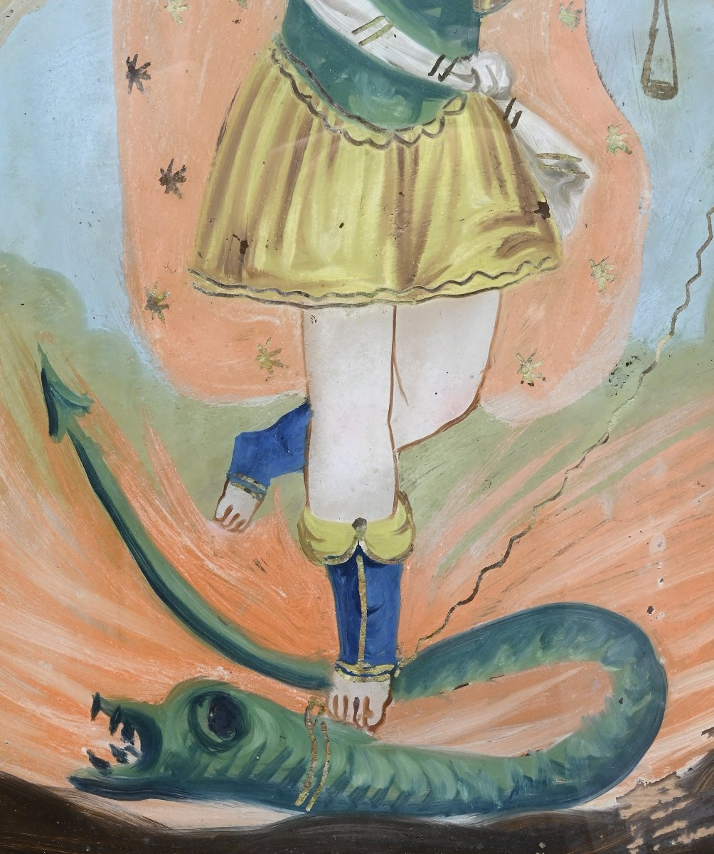 Saint Michael The Archangel Defeating The Dragon - Glass Painting - Romania,  XIX Century -photo-4